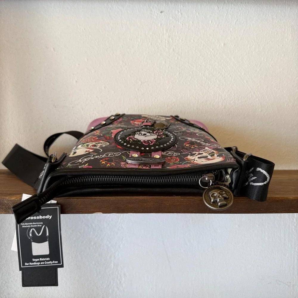 Ed Hardy Skull Roses‎ Tattoo Crossbody Bag Studded Y2K Purse NWT Metallic Pink